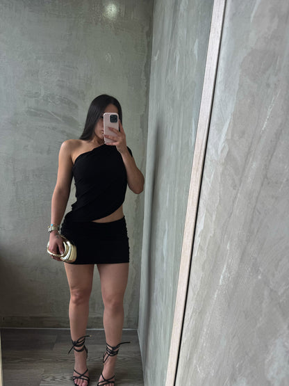 Black Asymmetrical One Shoulder Dress