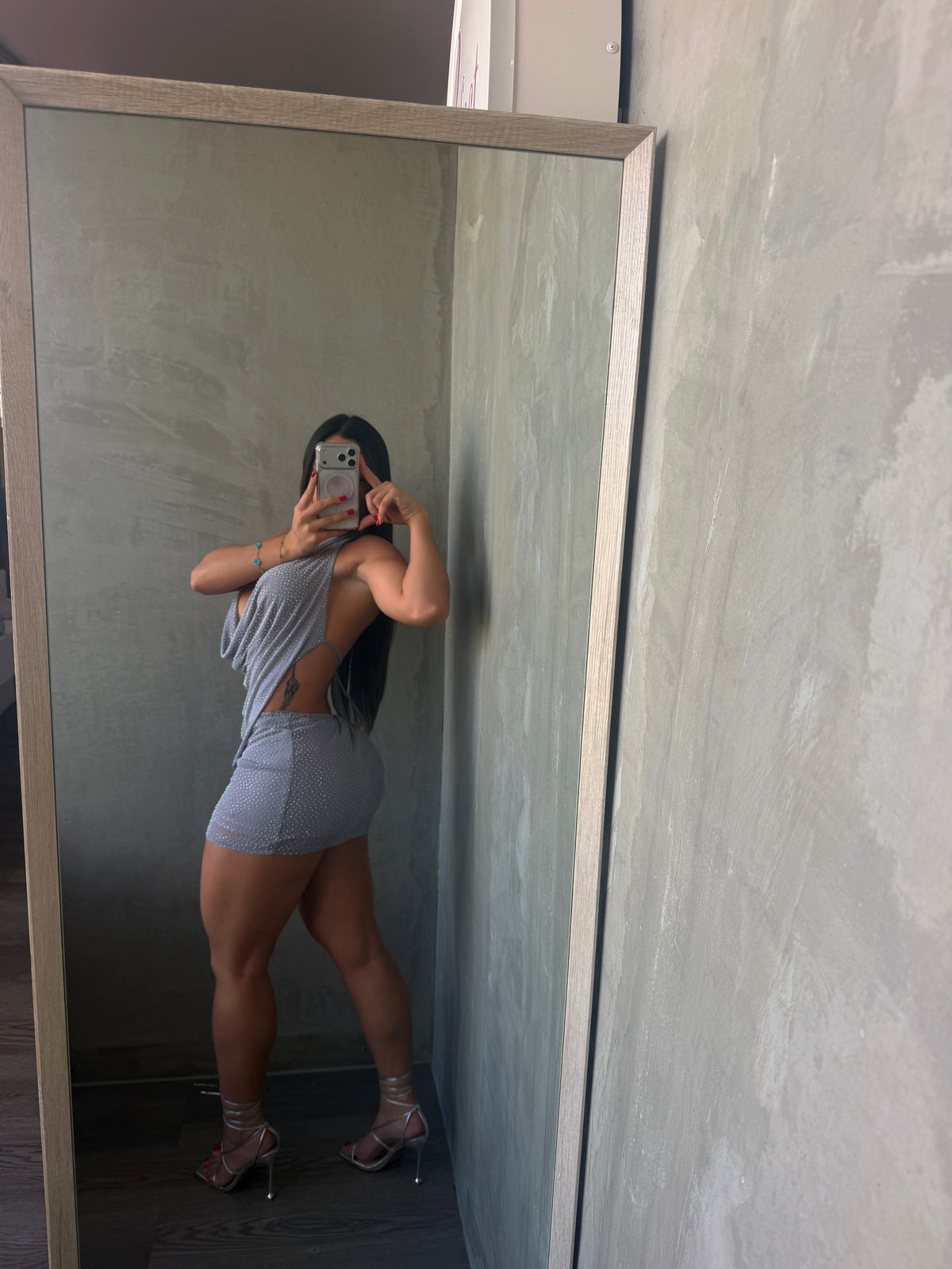 Grey Rhinestones Mesh Halter Dress