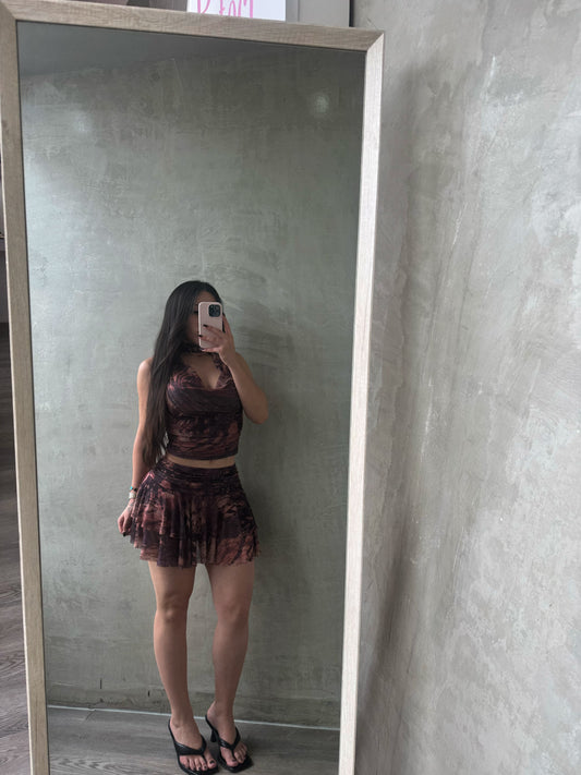 Mauve/Burgundy Print Halter Top & Skort Set