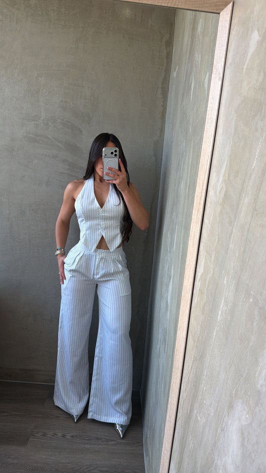 White & Black Stripes Vest & Pants Set