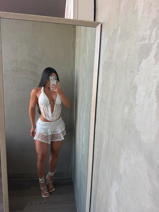 Off White Halter Top & Skirt Set