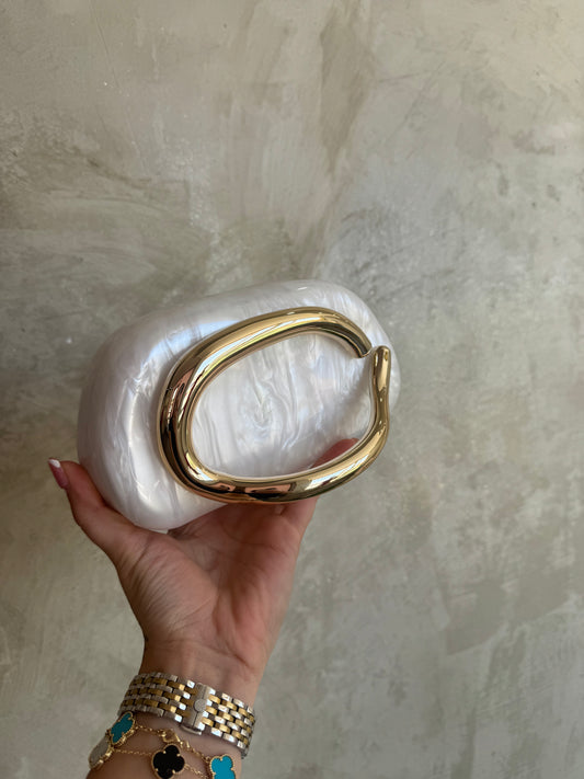 White Marble Metal Handle Clutch