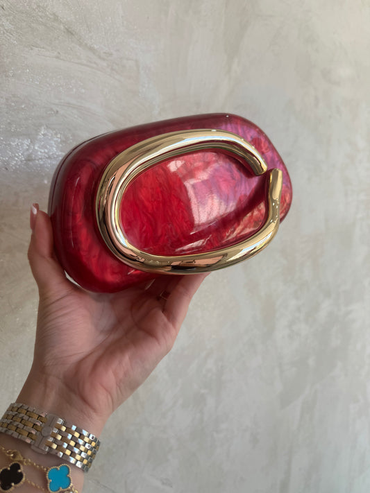 Red Marble Metal Handle Clutch